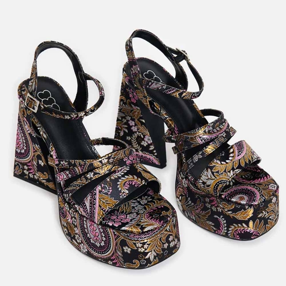 "Dynasty" Paisley Platform Heels - Black, Bronze & Pink